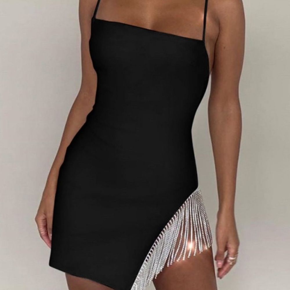 Black Mini Dress with rhinestone tassel fringe